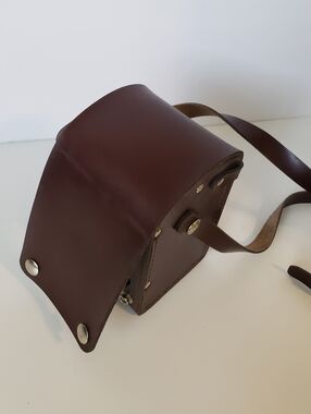 Vintage Leather Camera Case, long strap, brown, buckle straps inside, 4"×4"×6"